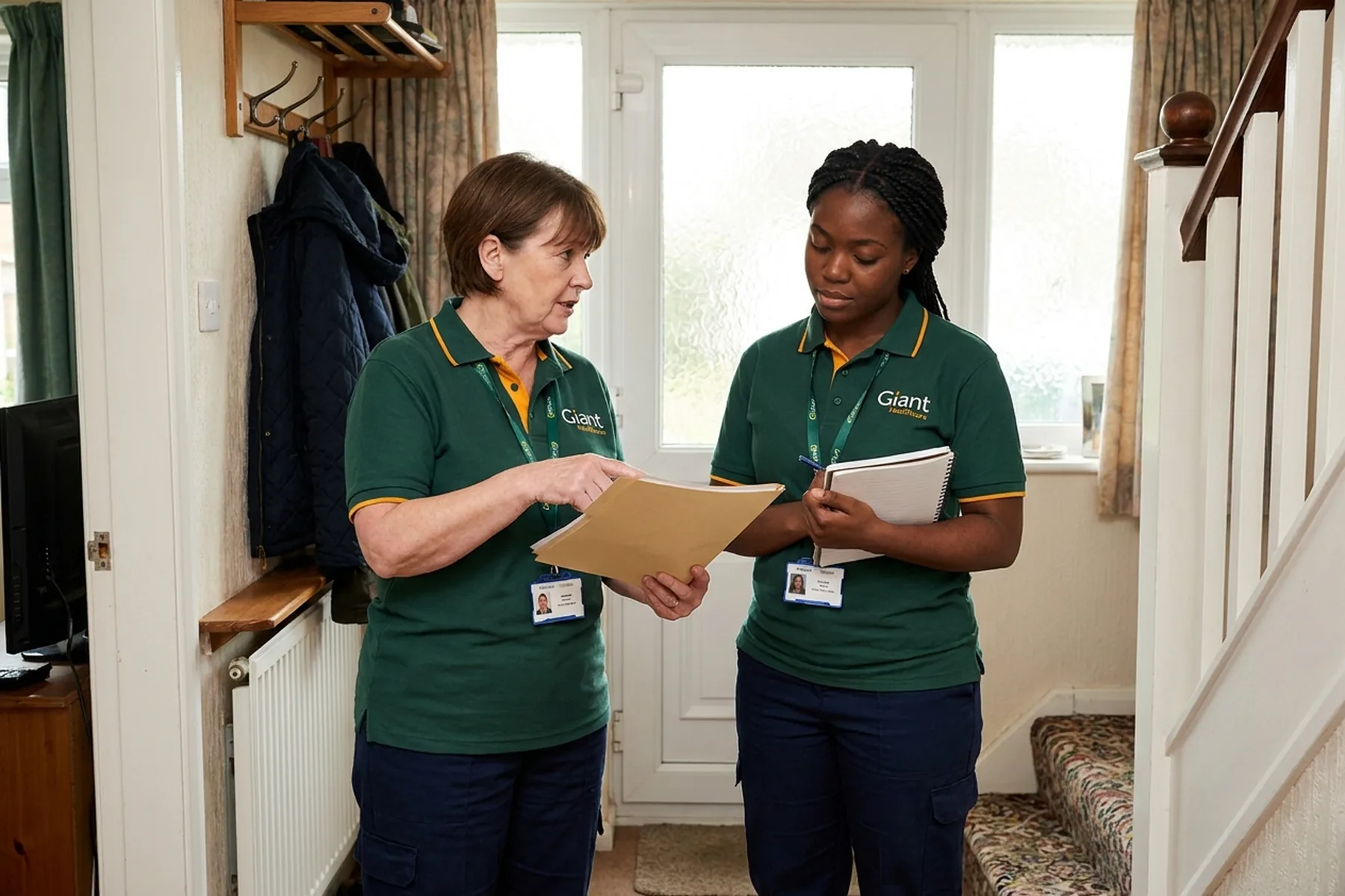 An experienced carer explaining a rota to a newer colleague in the hallway of a client's home.