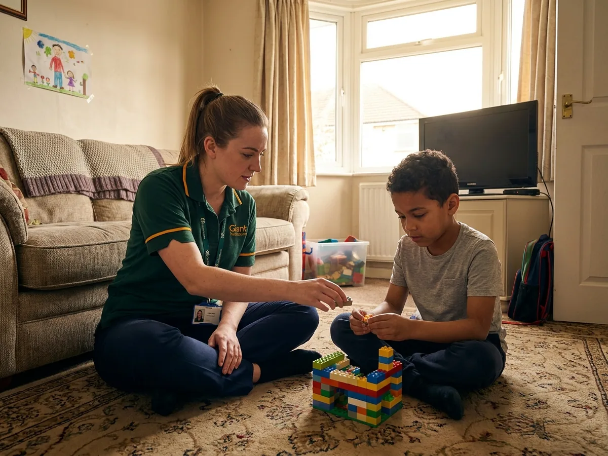 A carer sitting on the living room floor with a nine year old boy, passing him a Lego brick.
