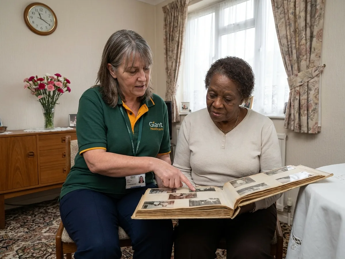 A carer and an older woman looking through a photograph album together at a dining table.