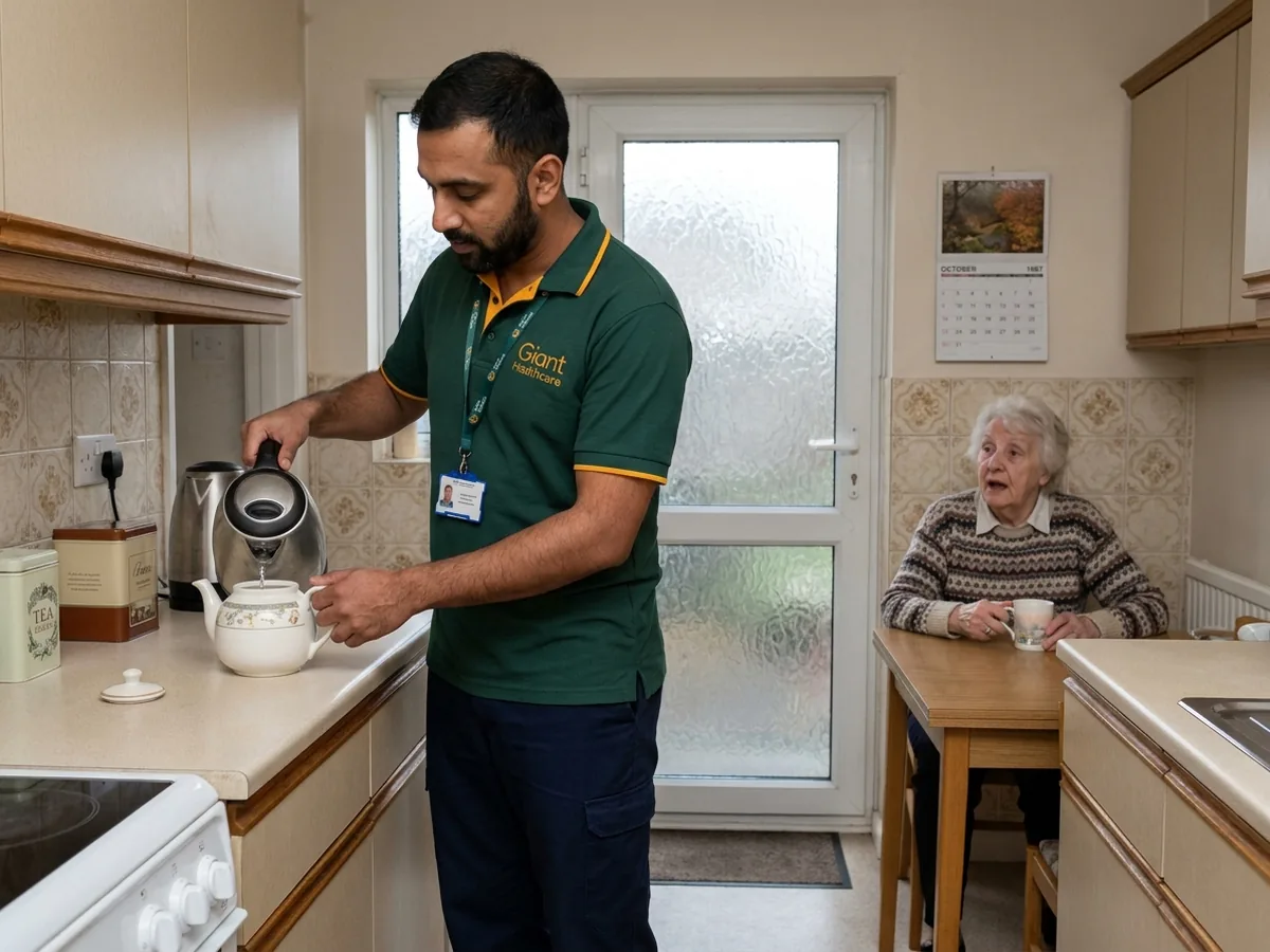 A carer making tea in a kitchen while an older woman talks to him from the kitchen table.