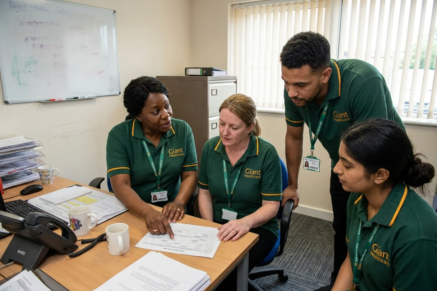 Four members of the Giant Healthcare team around a desk in the Corby office, working through a rota.