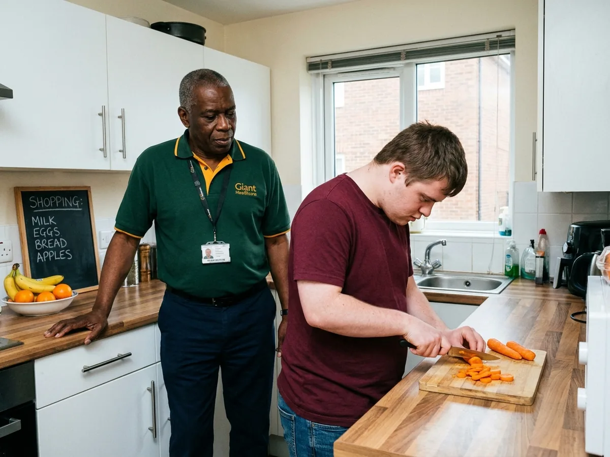 A young man chopping vegetables in his own kitchen while a carer stands back and lets him get on with it.