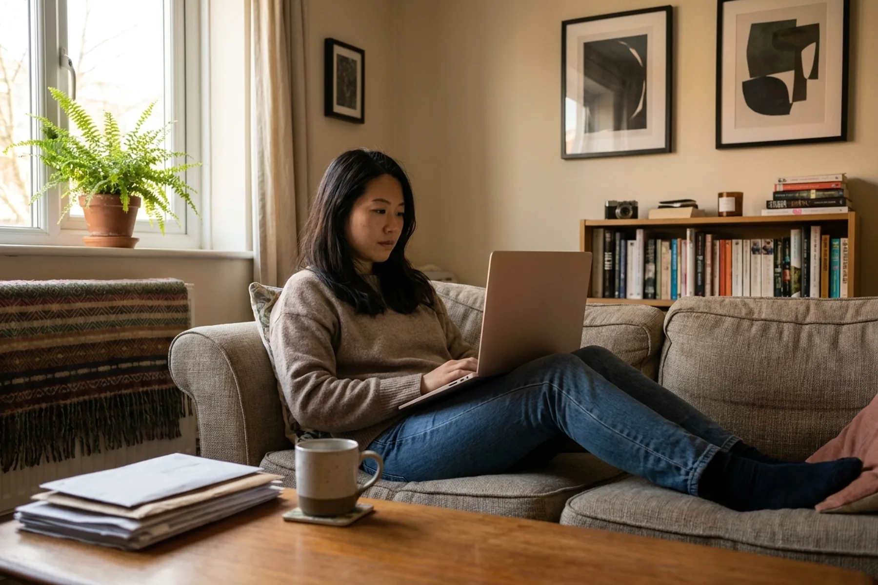 A woman sitting with a laptop on the sofa of her own flat, surrounded by her own things.